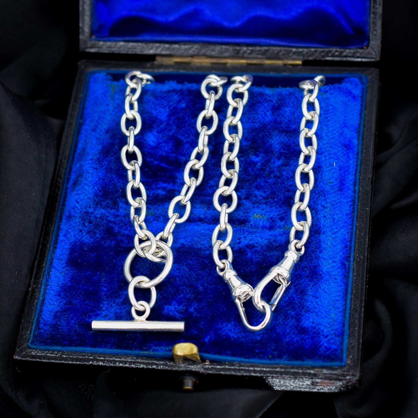 Vintage Sterling Silver Oval Cable Link Watch Chain Necklace with T-Bar and Dog Clips – 18.5"