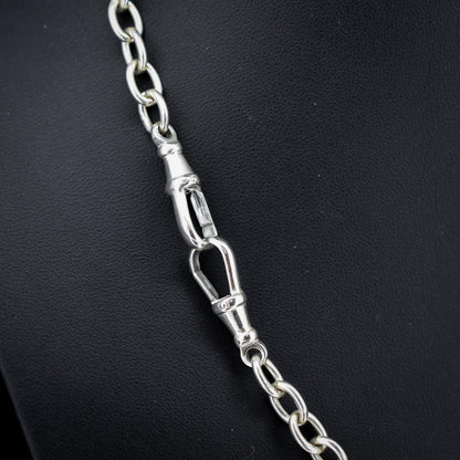 Vintage Sterling Silver Oval Cable Link Watch Chain Necklace with T-Bar and Dog Clips – 18.5"