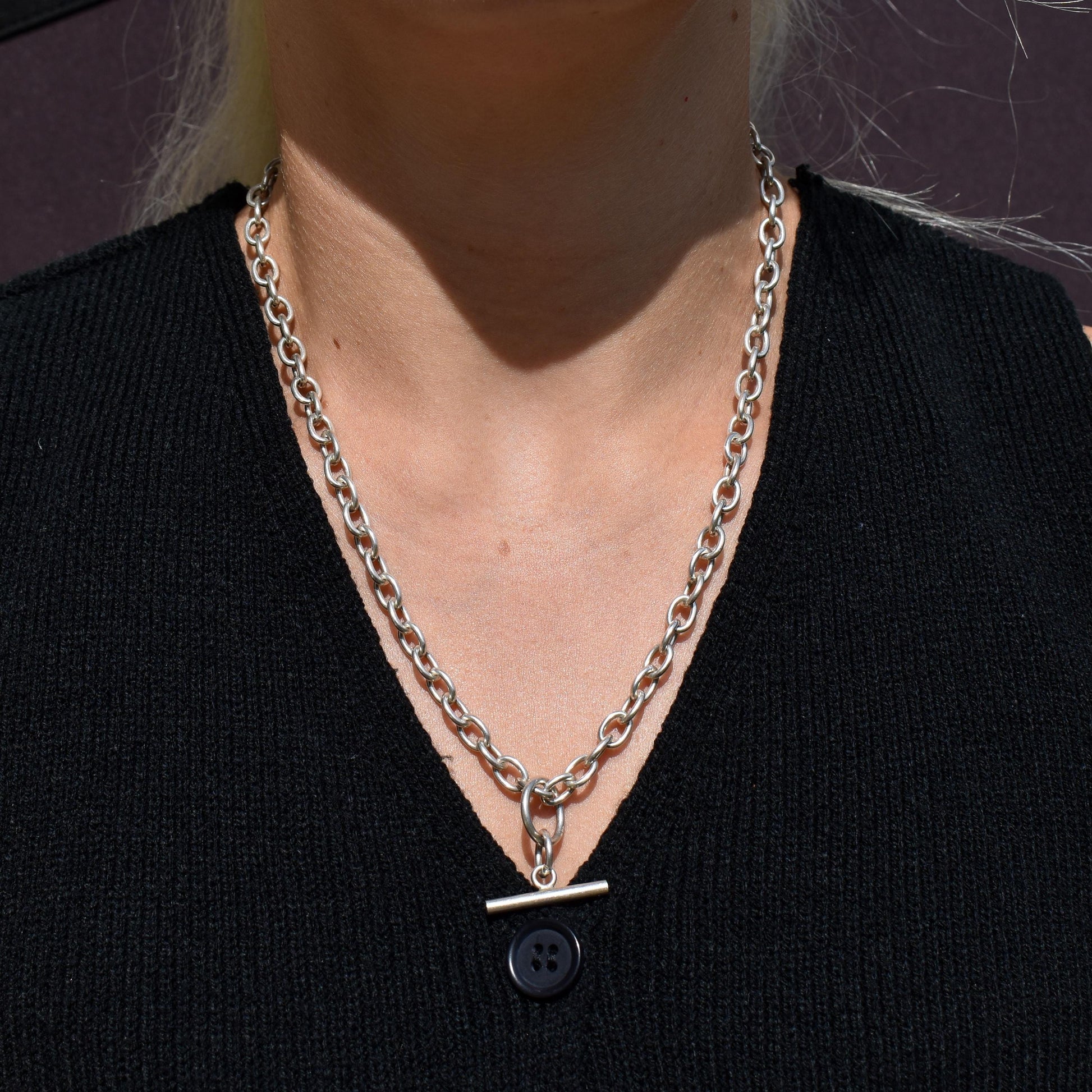 Vintage Sterling Silver Oval Cable Link Watch Chain Necklace with T-Bar and Dog Clips – 18.5"