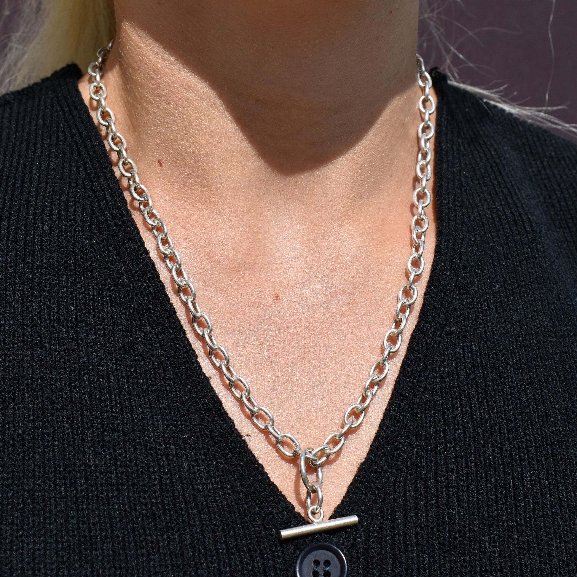 Vintage Sterling Silver Oval Cable Link Watch Chain Necklace with T-Bar and Dog Clips – 18.5"