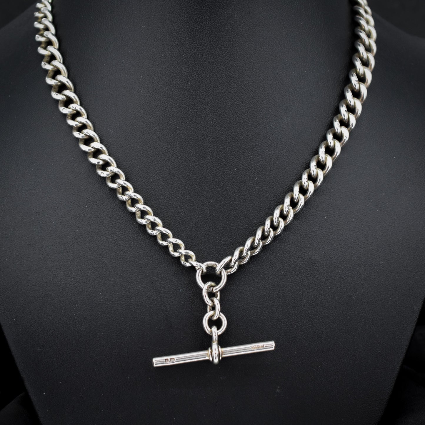 Antique Victorian Sterling Silver Curb Link Double Albert Watch Chain – 16.5"