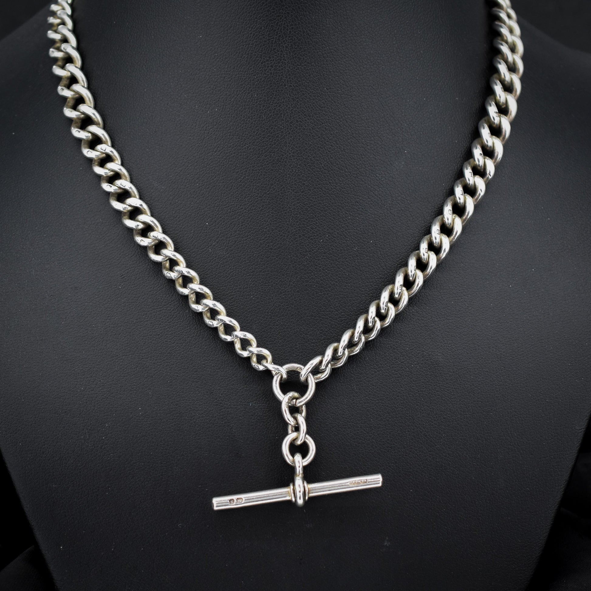 Antique Victorian Sterling Silver Curb Link Double Albert Watch Chain – 16.5"