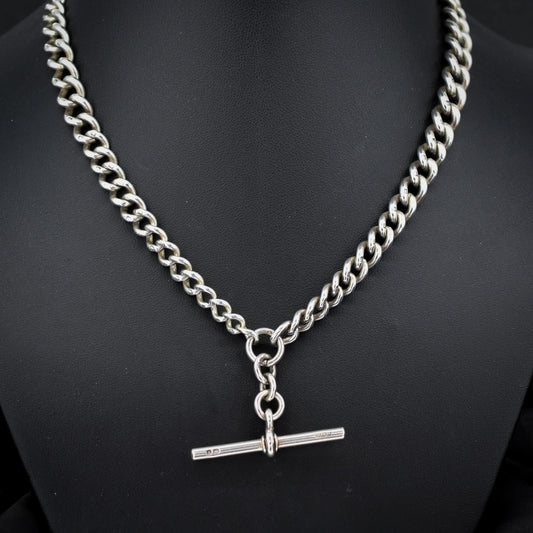 Antique Victorian Sterling Silver Curb Link Double Albert Watch Chain – 16.5"