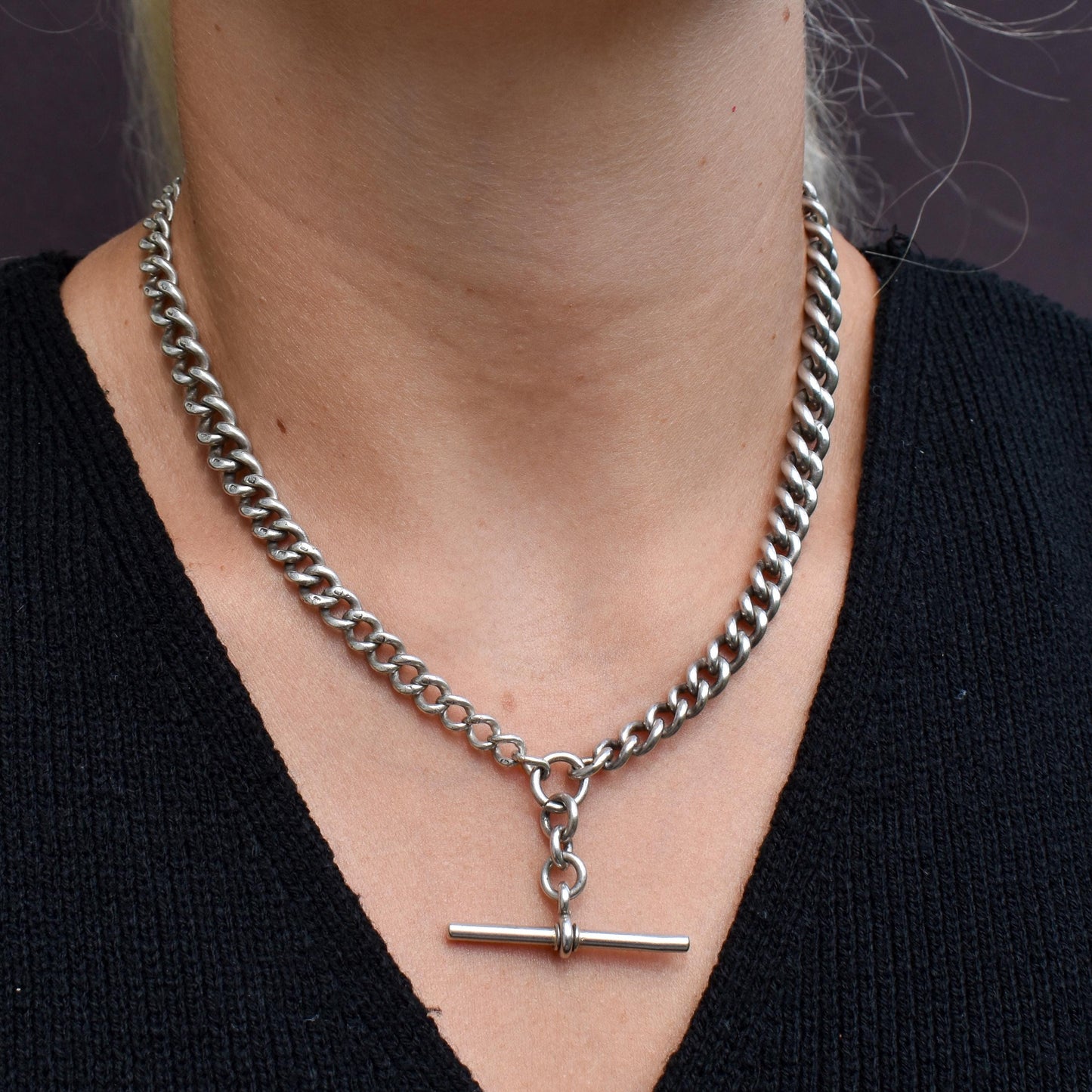 Antique Victorian Sterling Silver Curb Link Double Albert Watch Chain – 16.5"