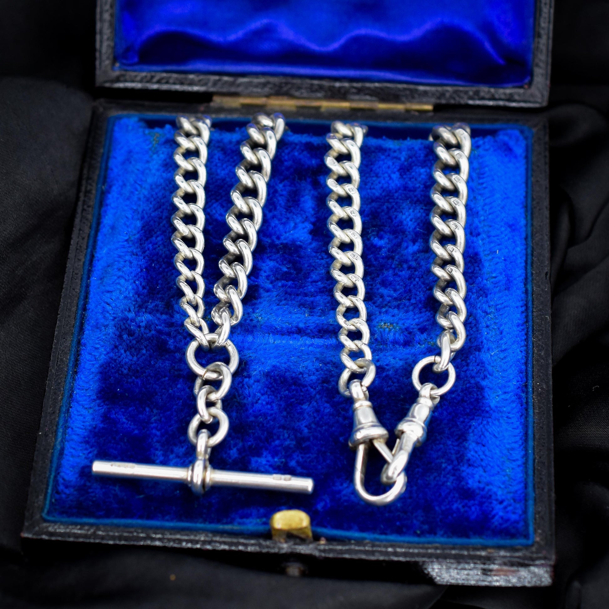 Antique Victorian Sterling Silver Curb Link Double Albert Watch Chain – 16.5"