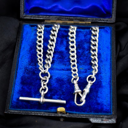 Antique Victorian Sterling Silver Curb Link Double Albert Watch Chain – 16.5"