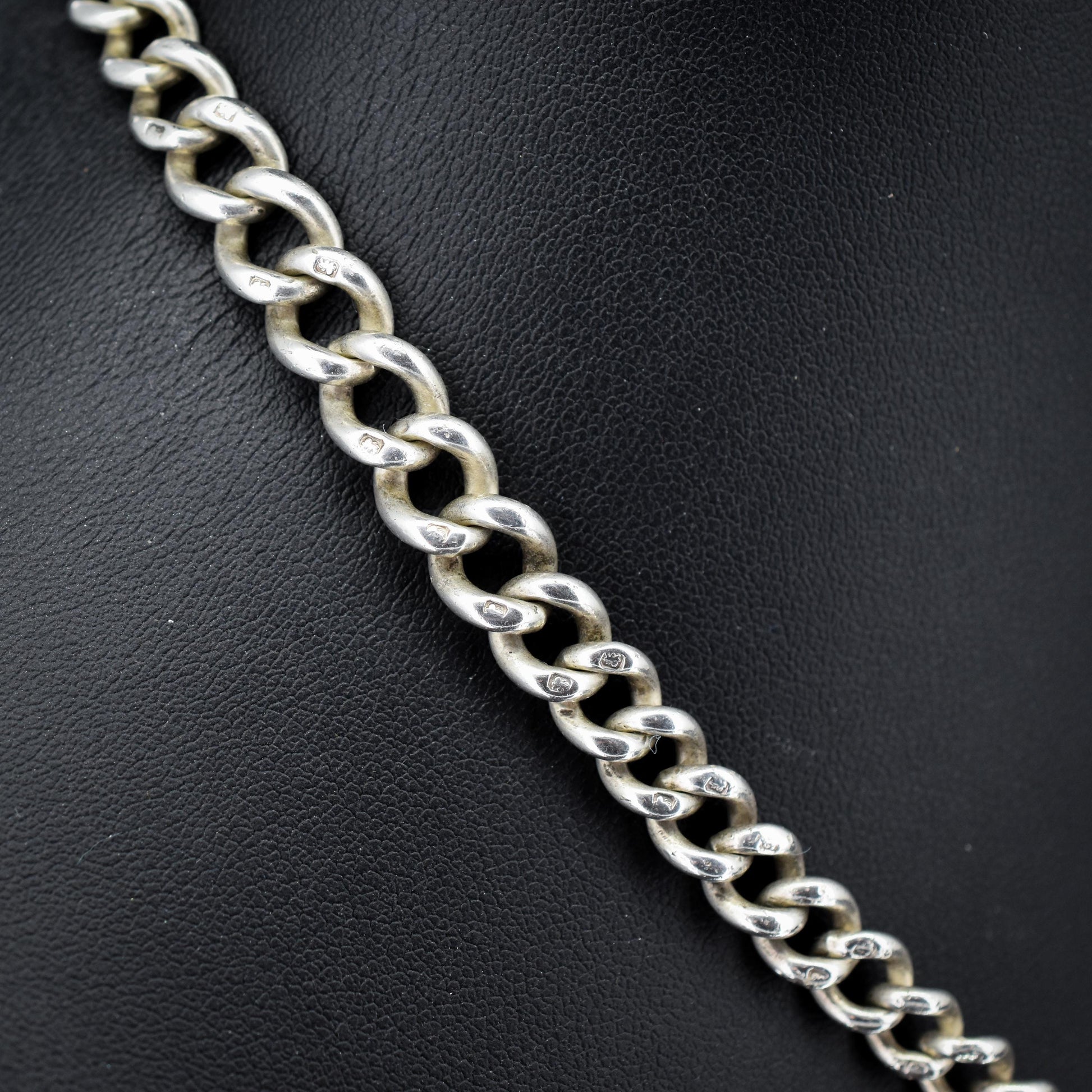 Antique Victorian Sterling Silver Curb Link Double Albert Watch Chain – 16.5"