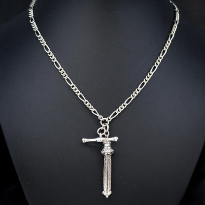 Vintage Sterling Silver Figaro Albert Chain Necklace with Dog Clip, T Bar & Tassel | 18"