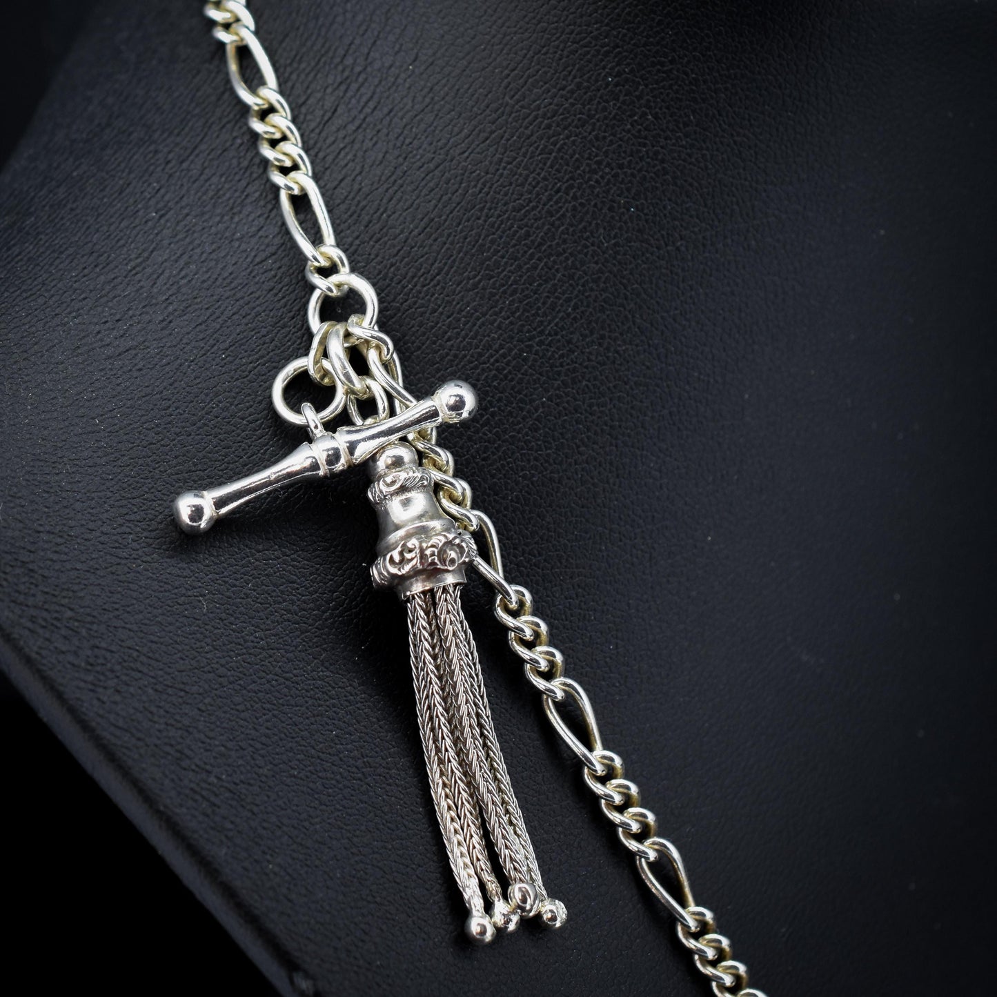 Vintage Sterling Silver Figaro Albert Chain Necklace with Dog Clip, T Bar & Tassel | 18"
