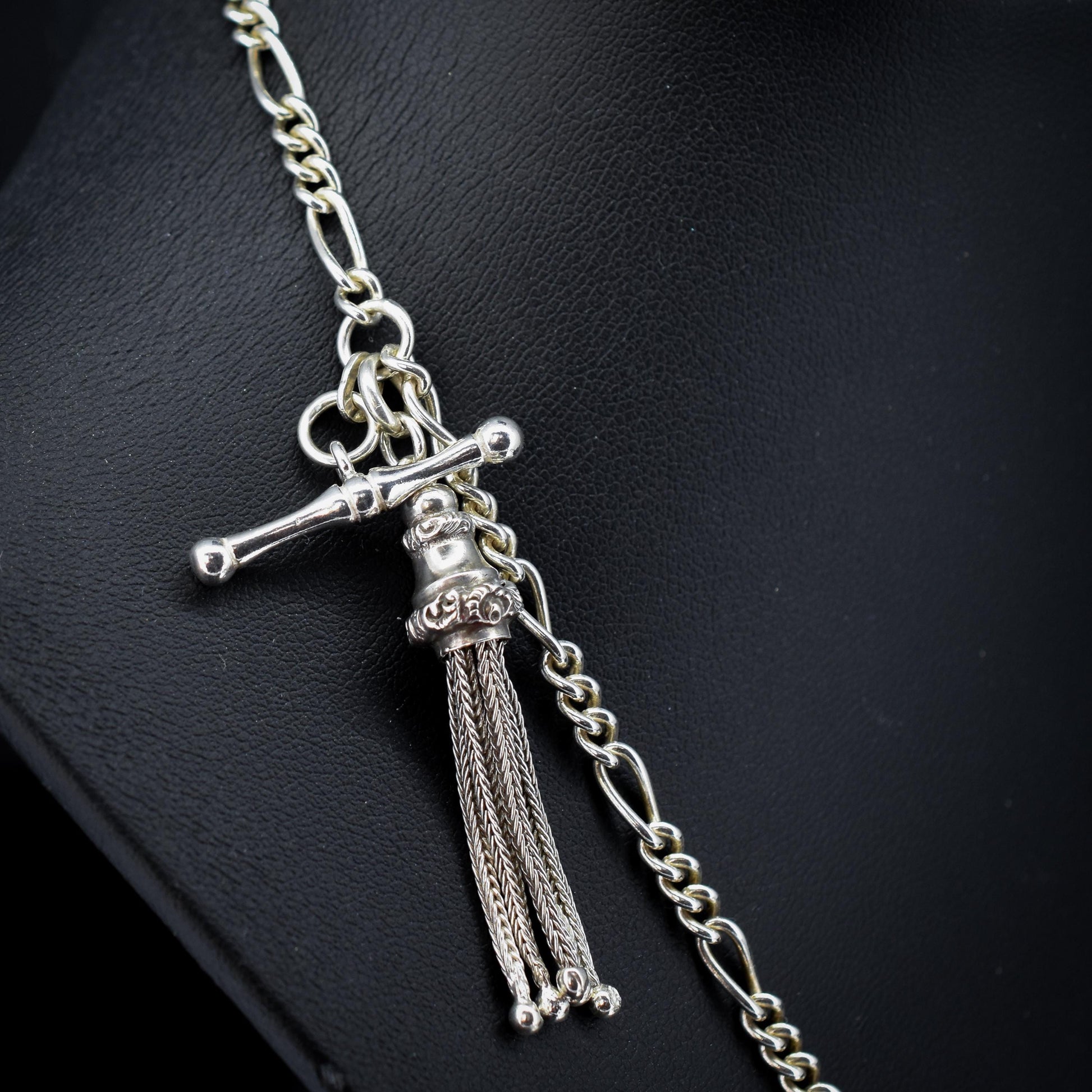 Vintage Sterling Silver Figaro Albert Chain Necklace with Dog Clip, T Bar & Tassel | 18"
