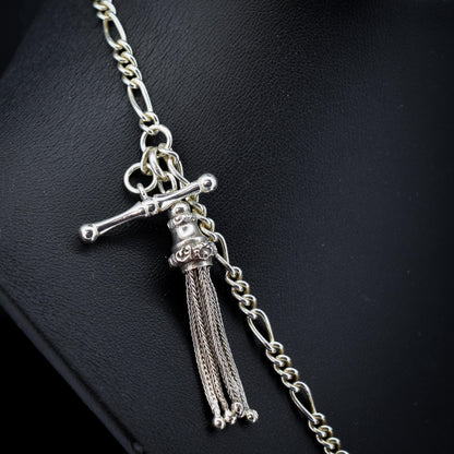Vintage Sterling Silver Figaro Albert Chain Necklace with Dog Clip, T Bar & Tassel | 18"