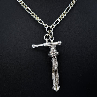 Vintage Sterling Silver Figaro Albert Chain Necklace with Dog Clip, T Bar & Tassel | 18"