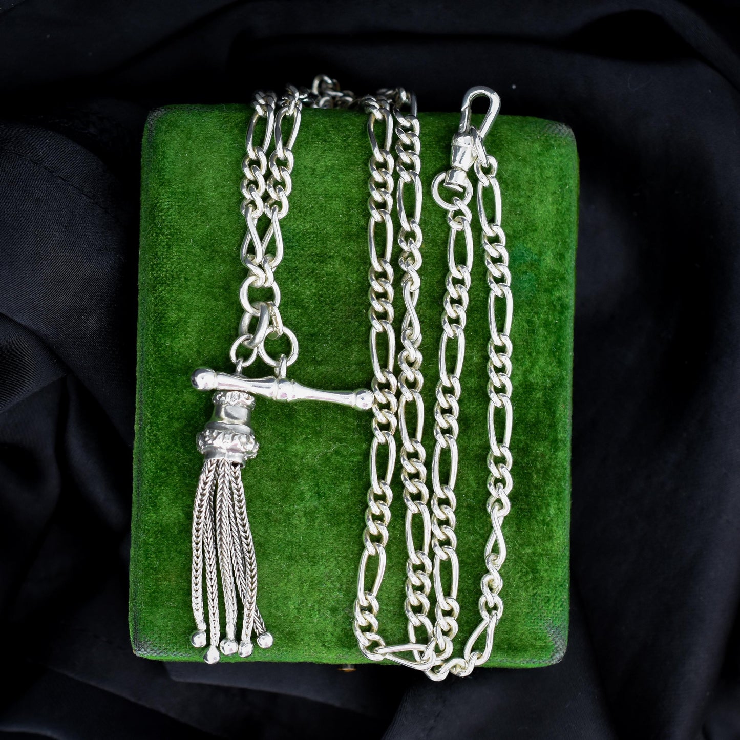 Vintage Sterling Silver Figaro Albert Chain Necklace with Dog Clip, T Bar & Tassel | 18"