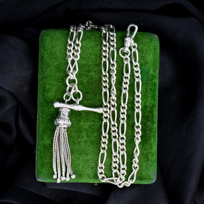 Vintage Sterling Silver Figaro Albert Chain Necklace with Dog Clip, T Bar & Tassel | 18"