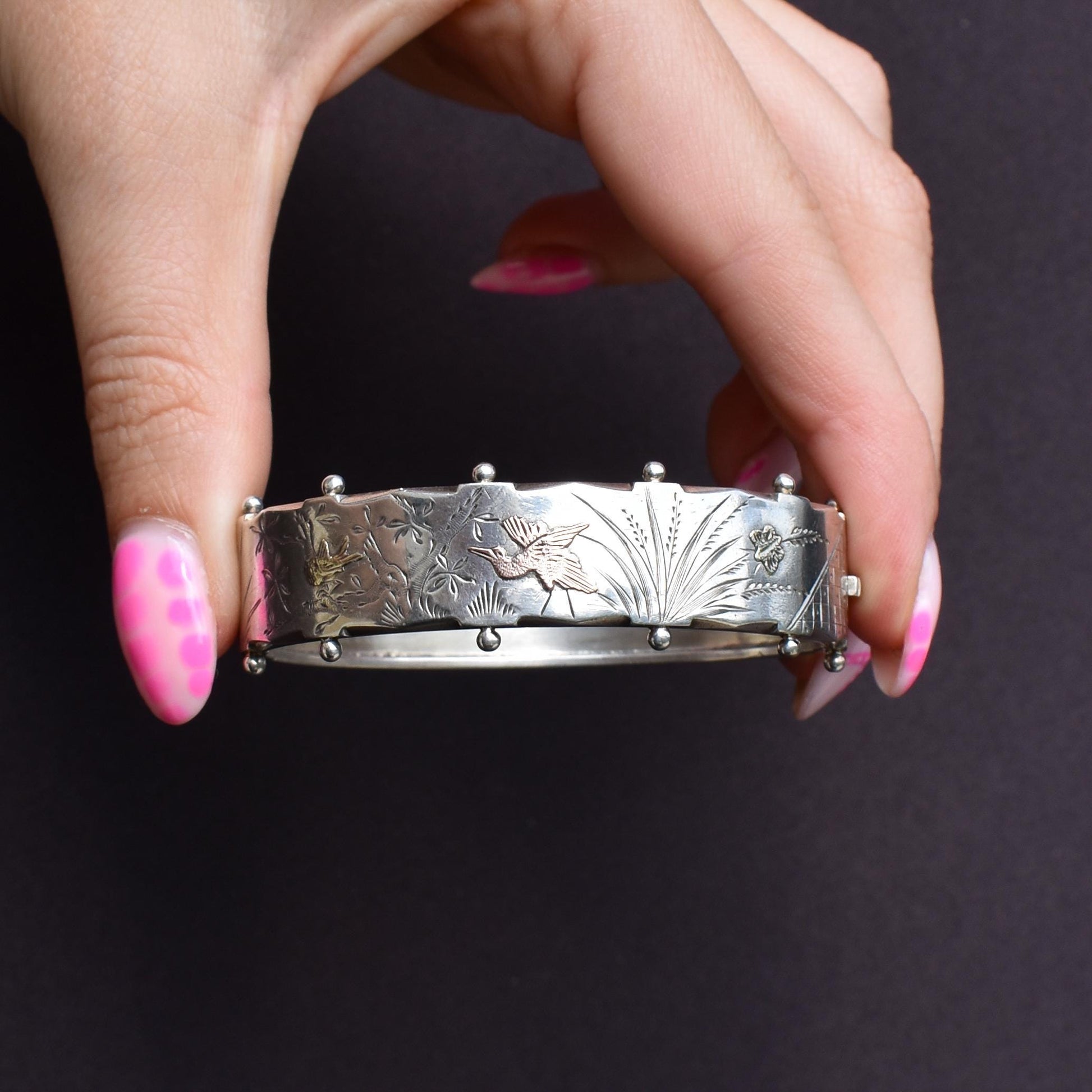 Antique Victorian Silver and Gold Bird Cuff Bangle Bracelet