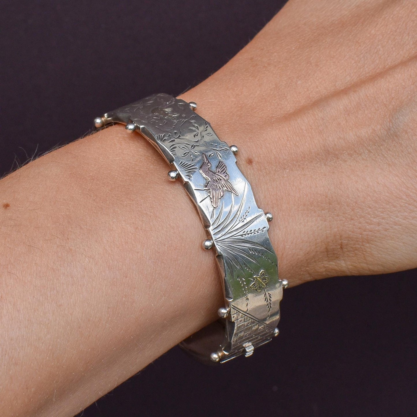 Antique Victorian Silver and Gold Bird Cuff Bangle Bracelet