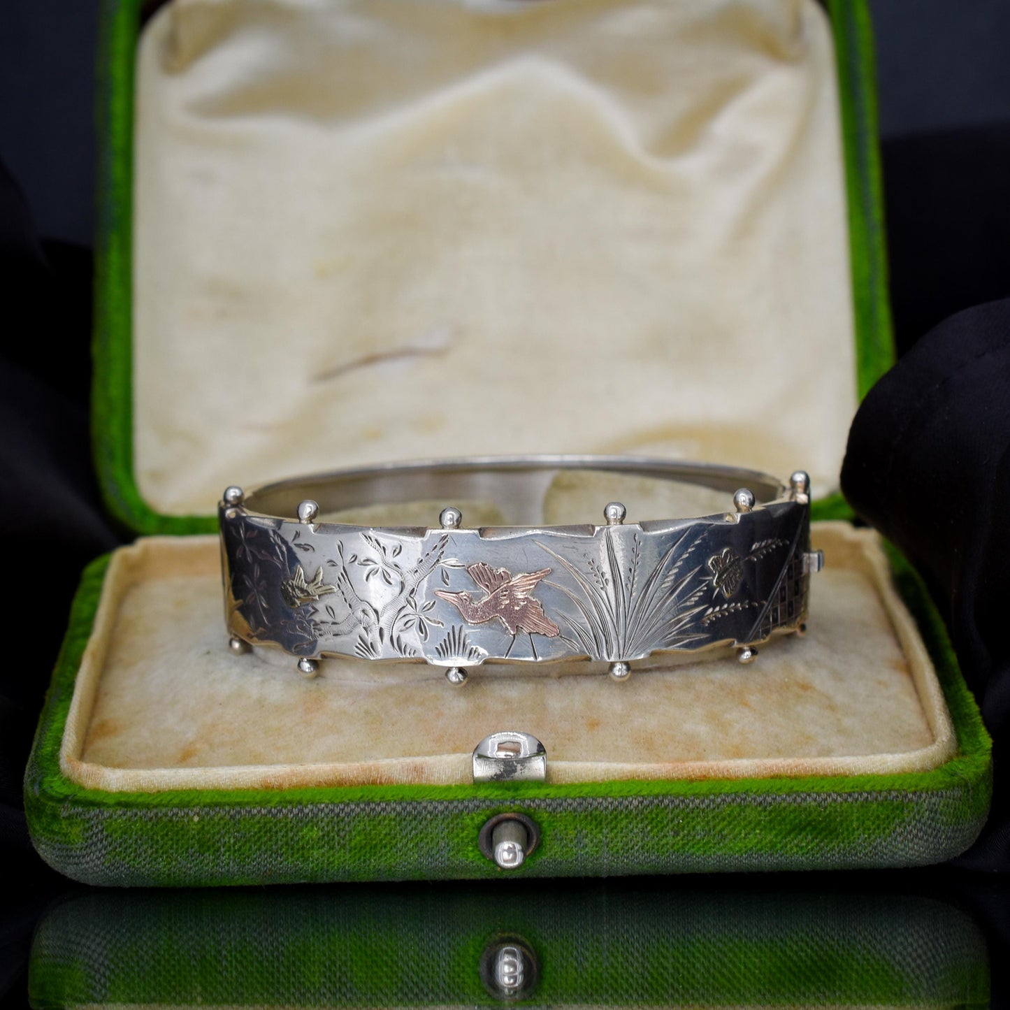 Antique Victorian Silver and Gold Bird Cuff Bangle Bracelet