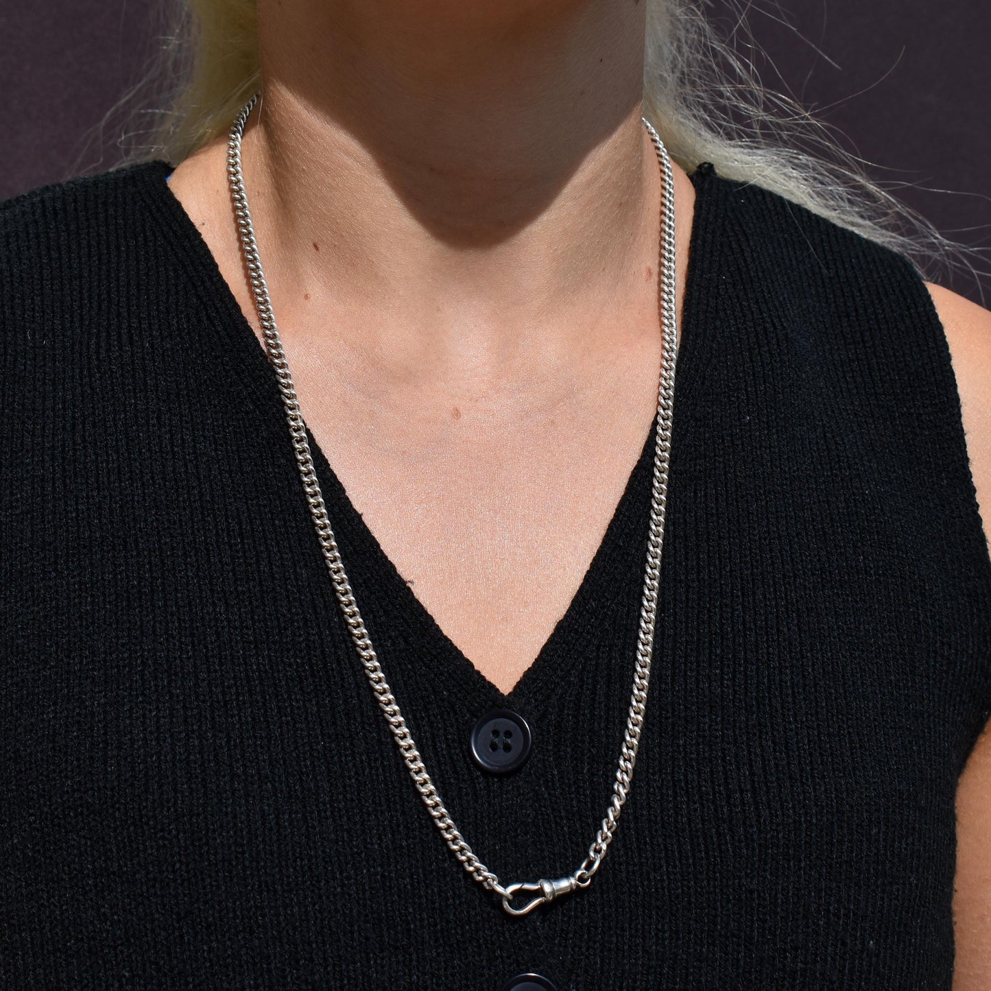 Vintage 24.5" Sterling Silver Uniform Curb Link Long Chain Necklace with Dog Clip