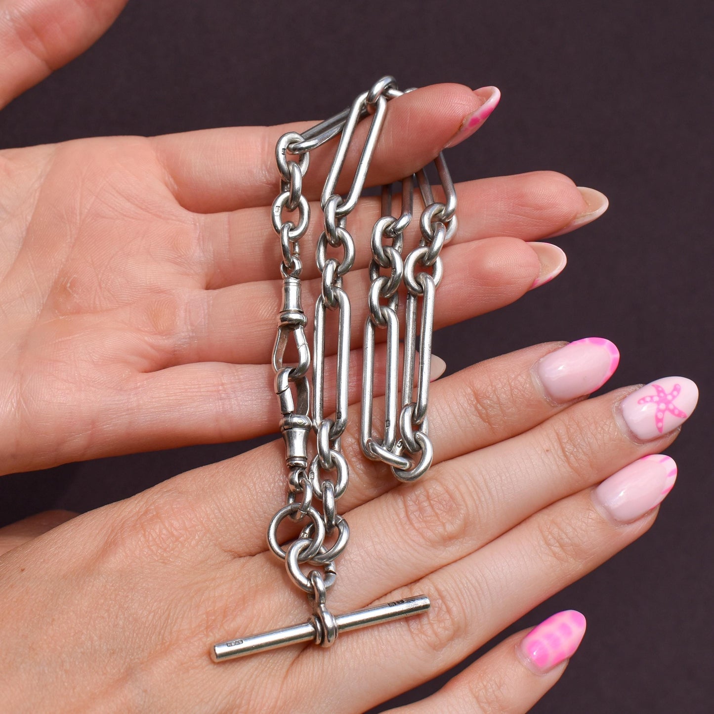 Antique '1910' Sterling Silver Trombone Oval Link Watch Chain Necklace | 15"