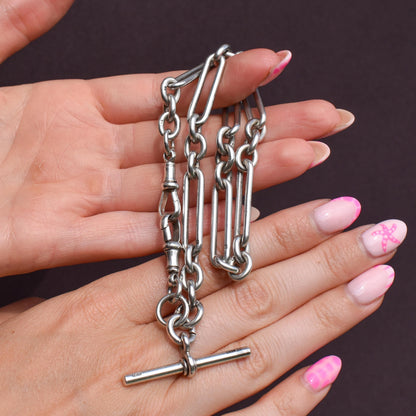 Antique '1910' Sterling Silver Trombone Oval Link Watch Chain Necklace | 15"