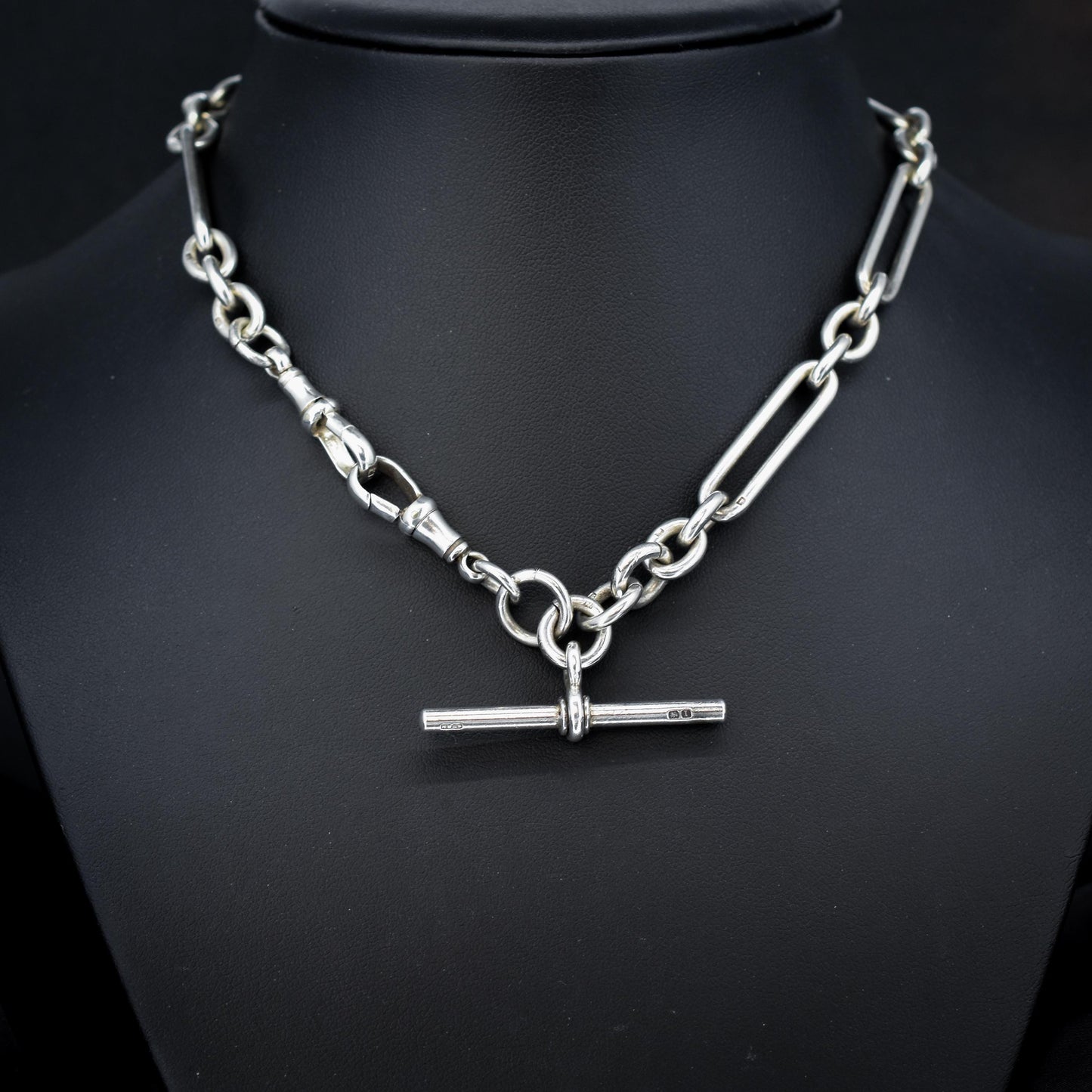 Antique '1910' Sterling Silver Trombone Oval Link Watch Chain Necklace | 15"