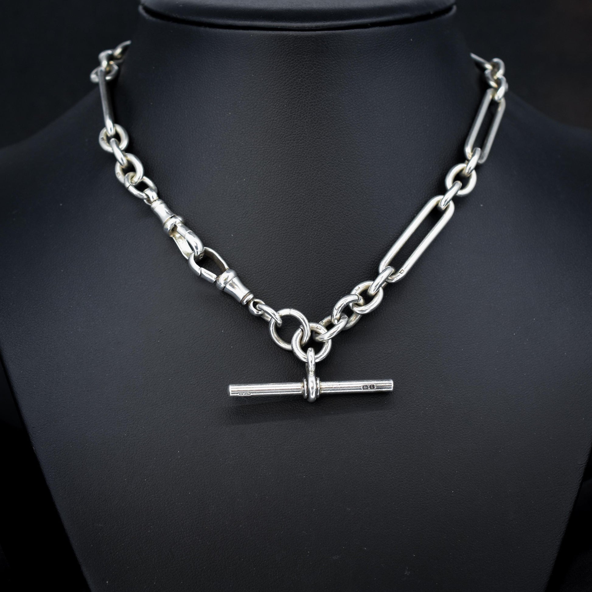 Antique '1910' Sterling Silver Trombone Oval Link Watch Chain Necklace | 15"