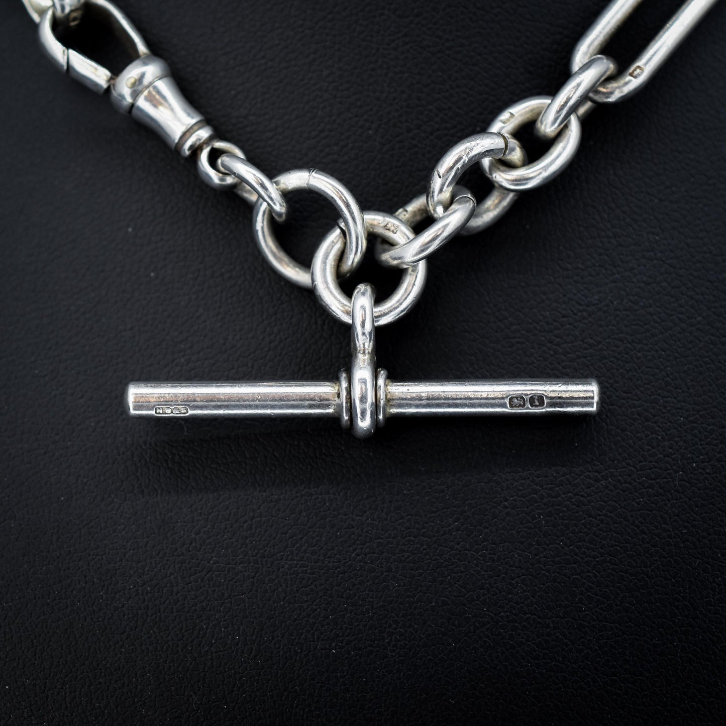 Antique '1910' Sterling Silver Trombone Oval Link Watch Chain Necklace | 15"