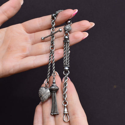 Antique Silver Heart Albertina Albert Watch Chain Bracelet with Tassel