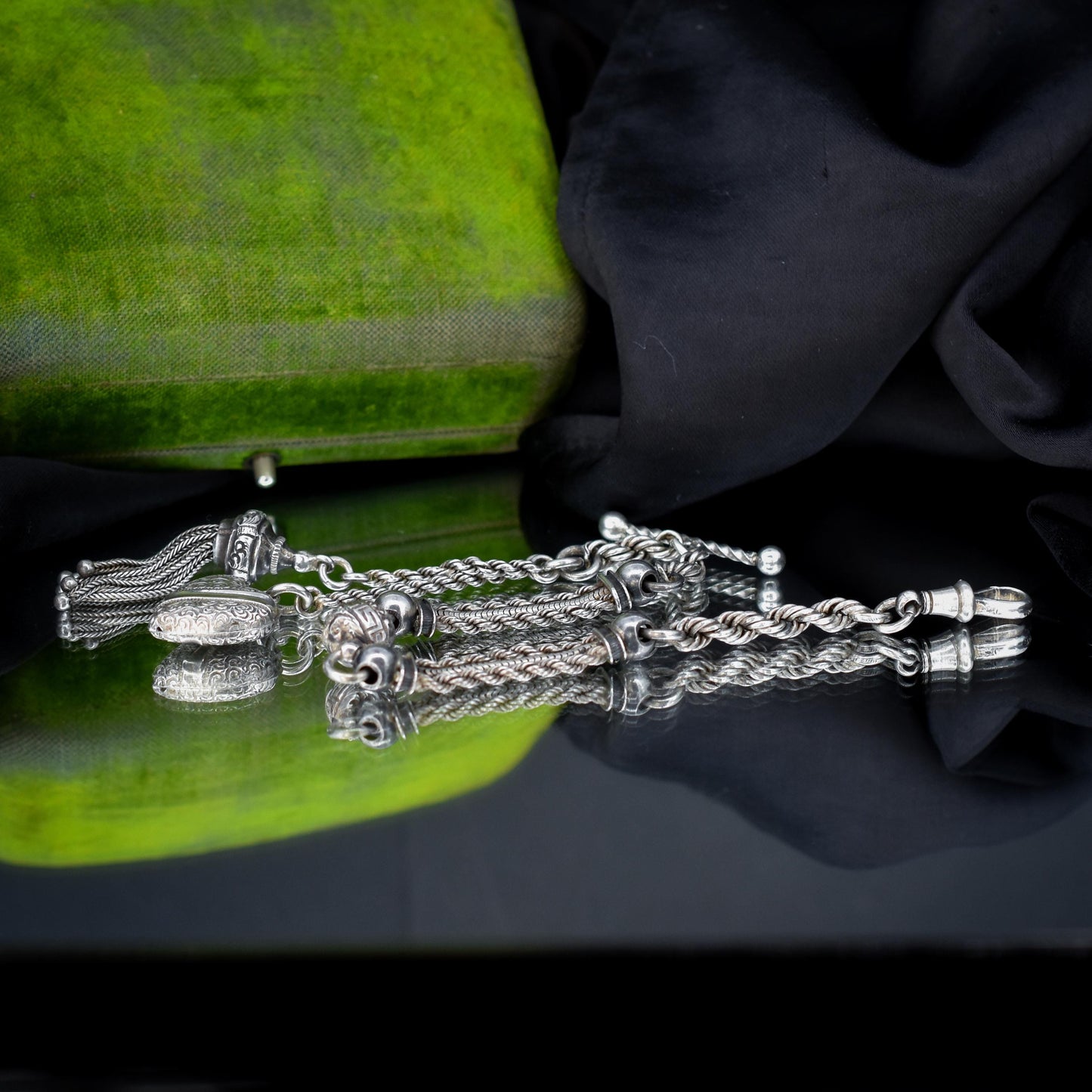 Antique Silver Heart Albertina Albert Watch Chain Bracelet with Tassel