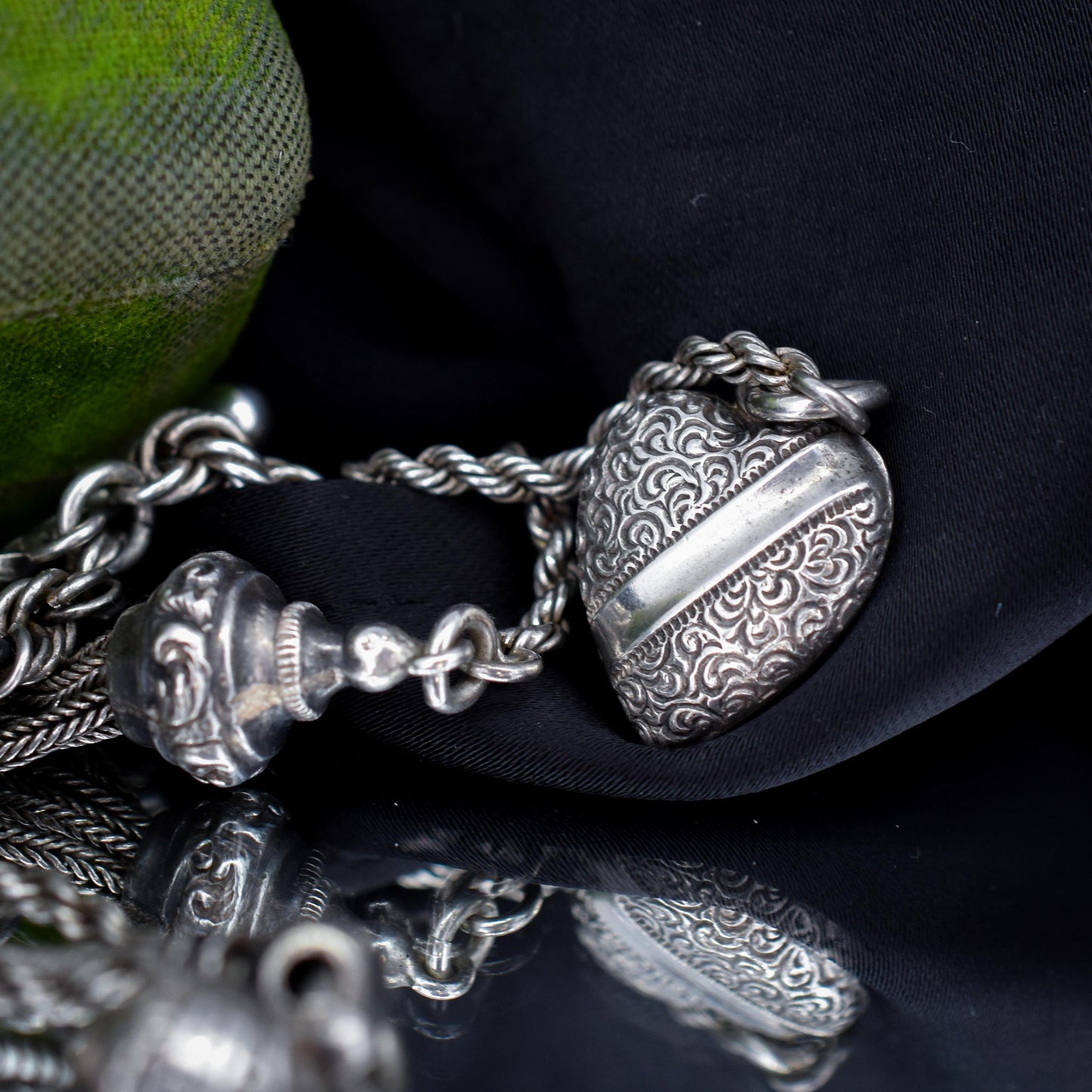 Antique Silver Heart Albertina Albert Watch Chain Bracelet with Tassel