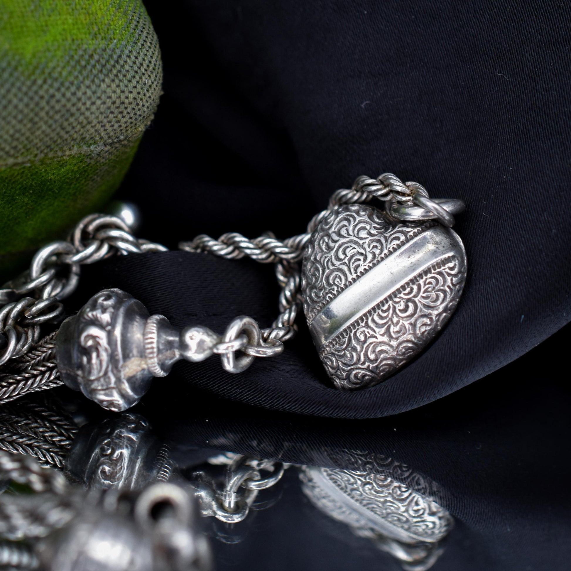 Antique Silver Heart Albertina Albert Watch Chain Bracelet with Tassel