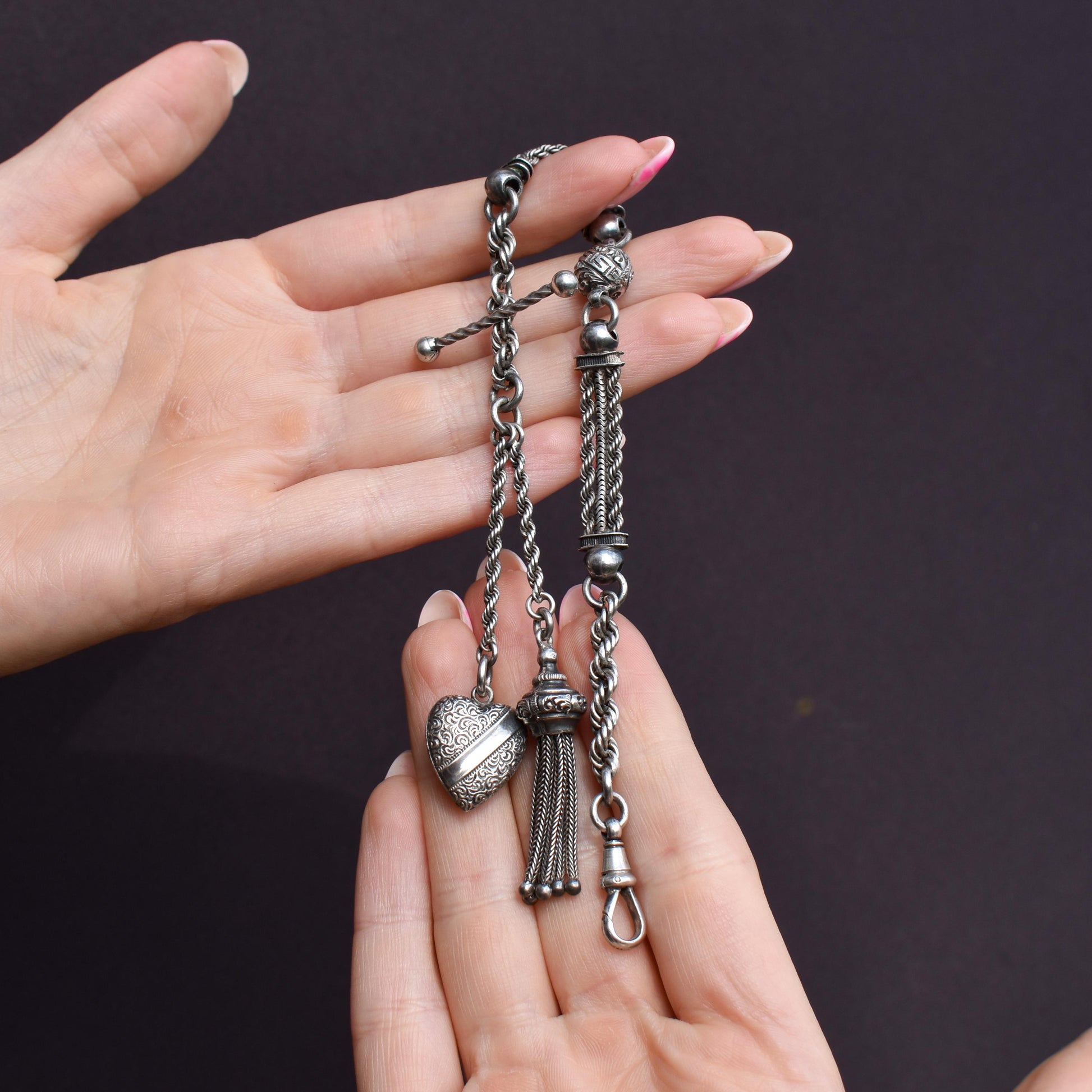 Antique Silver Heart Albertina Albert Watch Chain Bracelet with Tassel