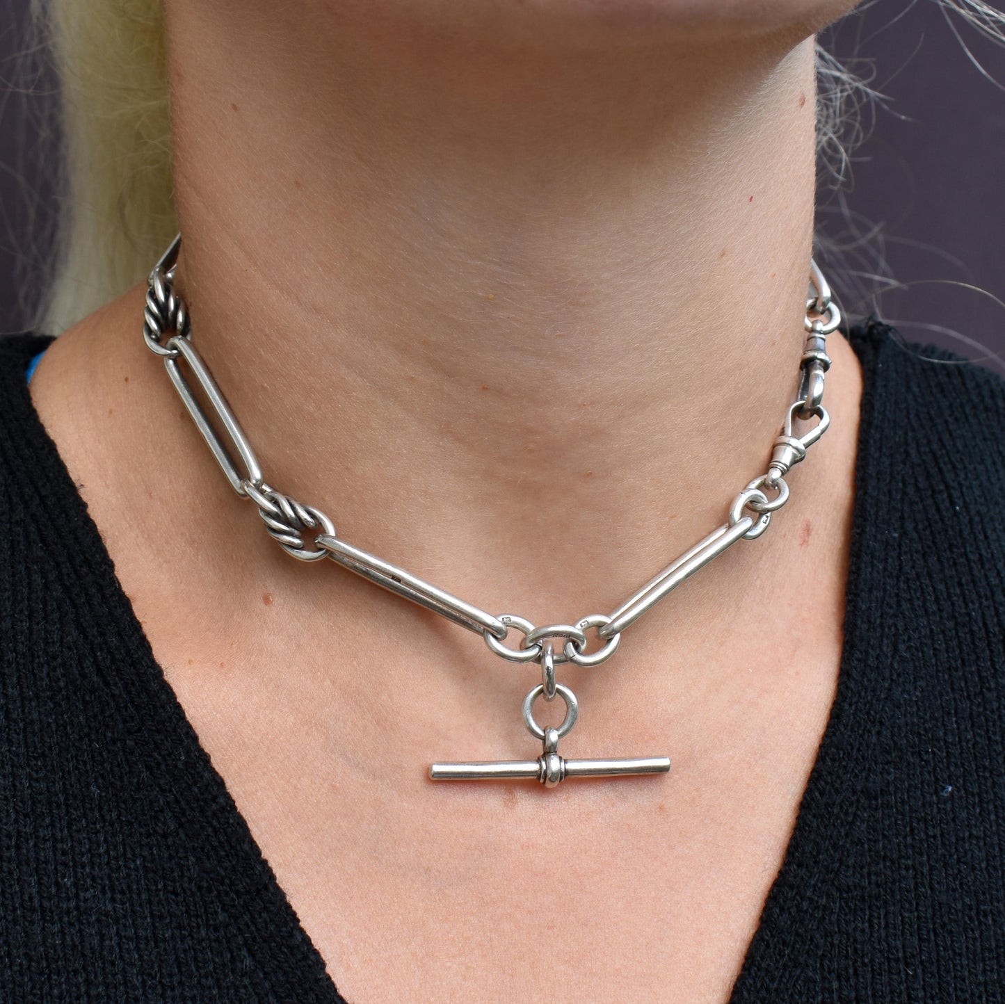 Antique Victorian '1888' Sterling Silver Trombone Love Knot Watch Chain Necklace | 14.25"