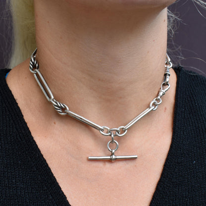 Antique Victorian '1888' Sterling Silver Trombone Love Knot Watch Chain Necklace | 14.25"