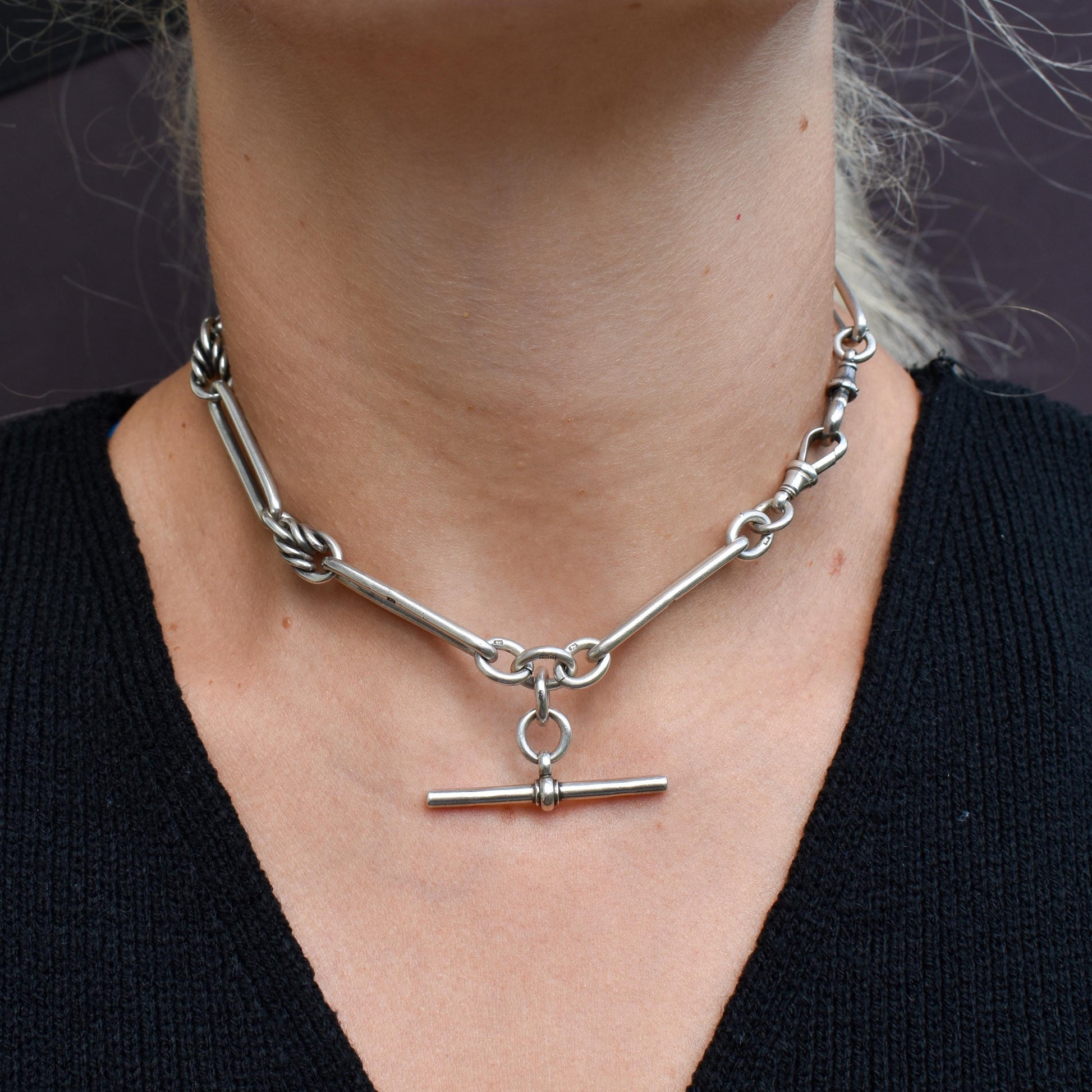 Antique Victorian '1888' Sterling Silver Trombone Love Knot Watch Chain Necklace | 14.25"