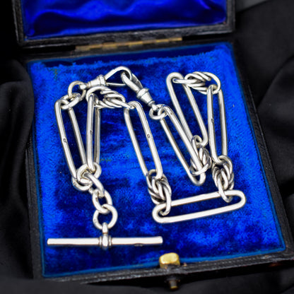 Antique Victorian '1888' Sterling Silver Trombone Love Knot Watch Chain Necklace | 14.25"