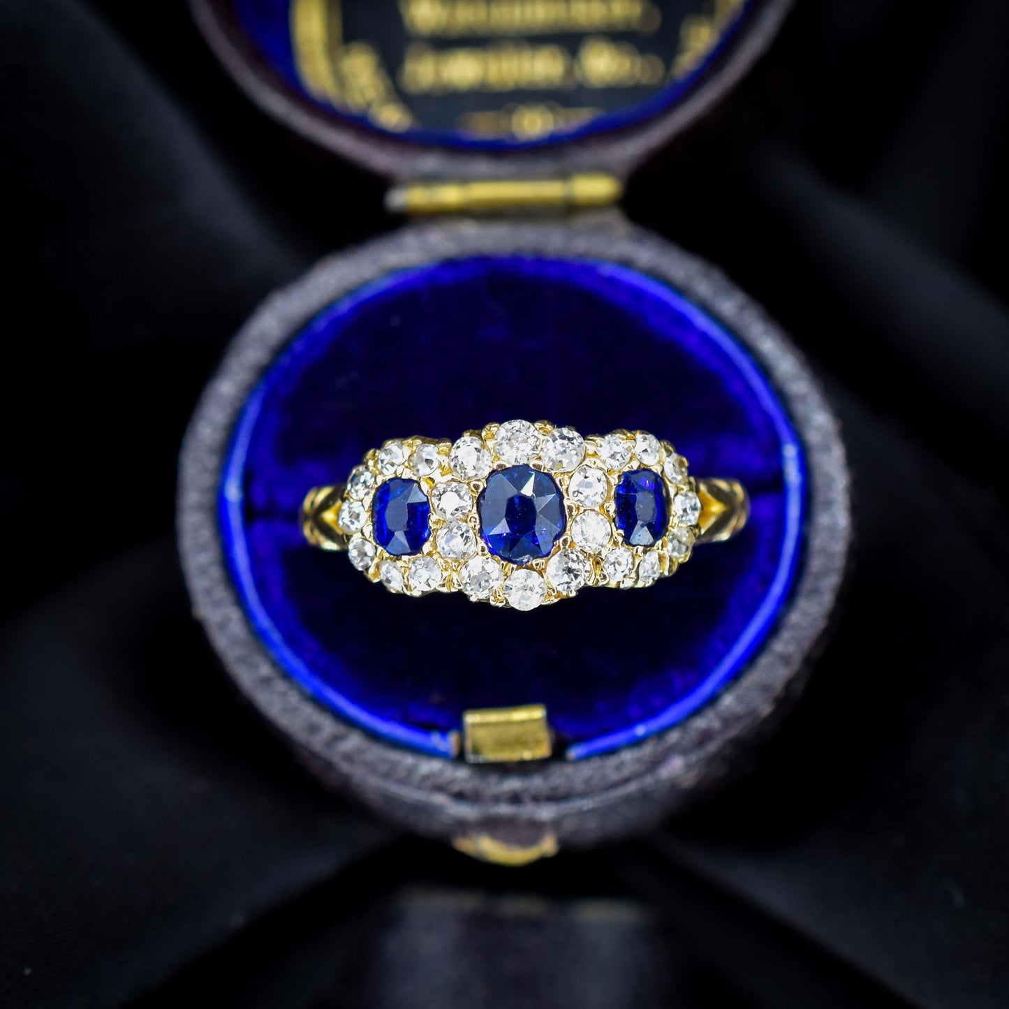 Antique Victorian '1898' Blue Sapphire and Diamond Triple Cluster 18ct Gold Ring