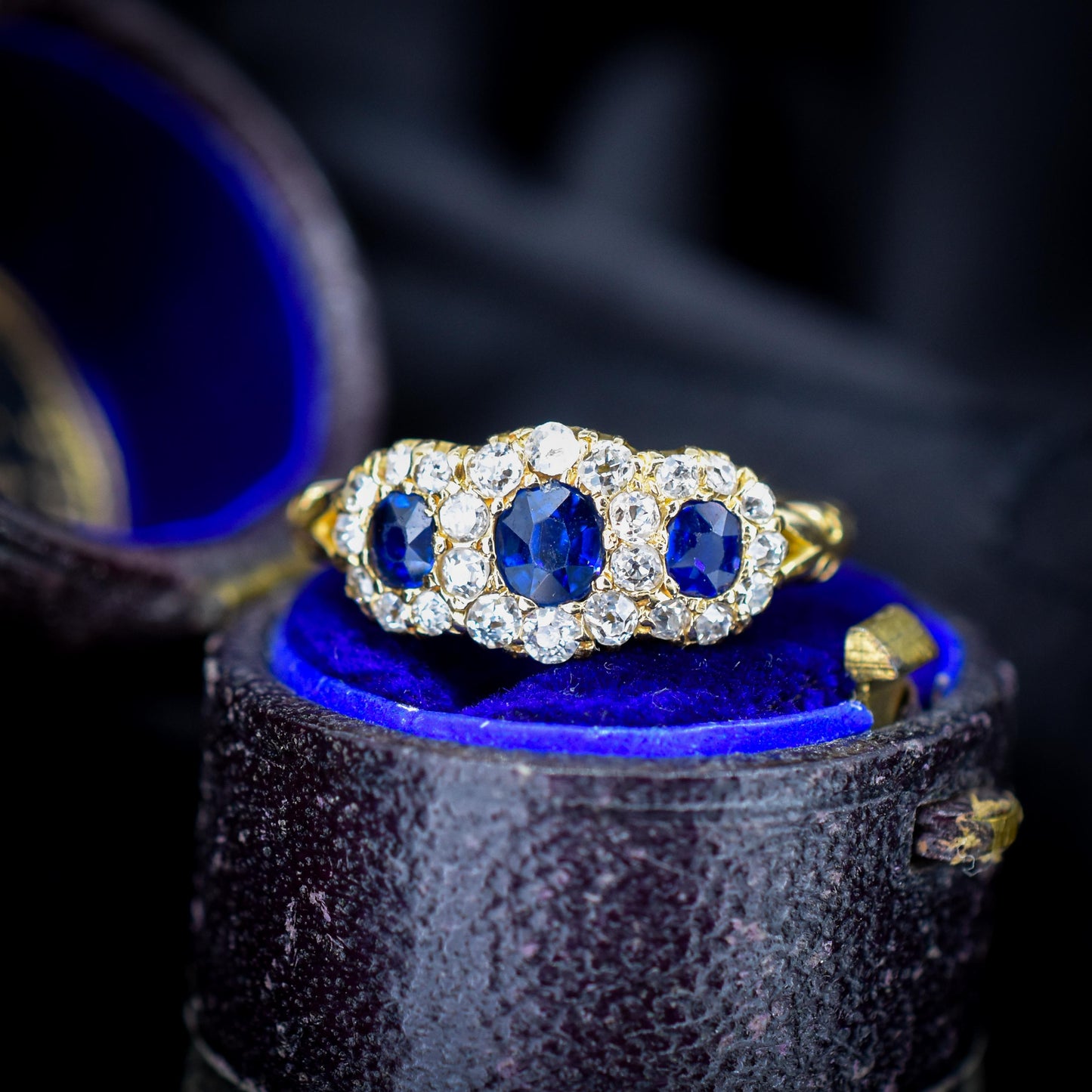 Antique Victorian '1898' Blue Sapphire and Diamond Triple Cluster 18ct Gold Ring