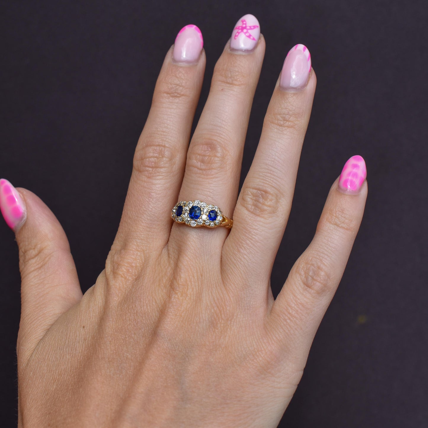 Antique Victorian '1898' Blue Sapphire and Diamond Triple Cluster 18ct Gold Ring