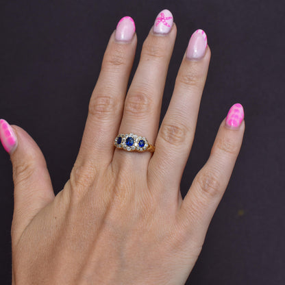 Antique Victorian '1898' Blue Sapphire and Diamond Triple Cluster 18ct Gold Ring