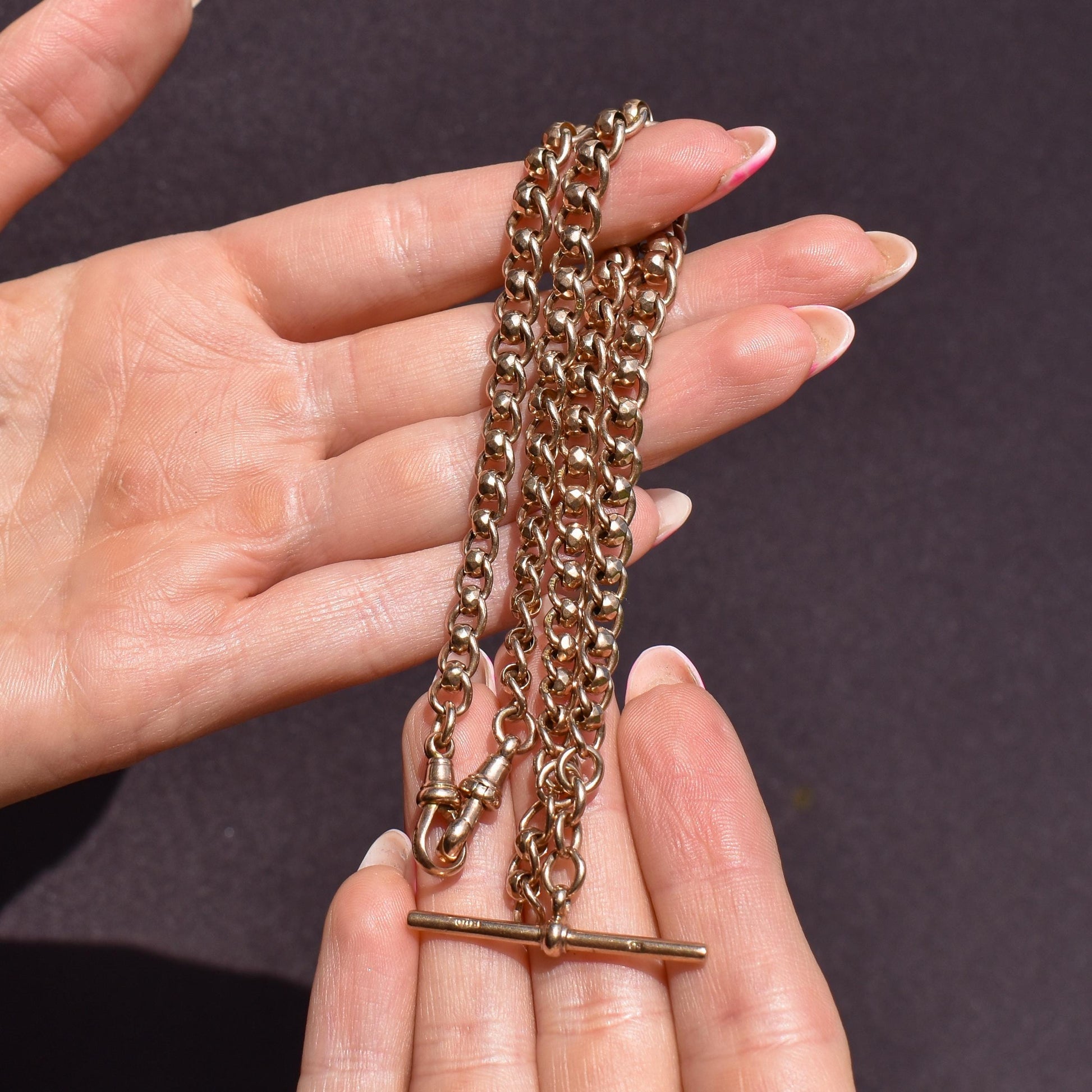 Antique Rollerball 9ct Gold Albert Chain with T-Bar and Double Dog Clips | 16"