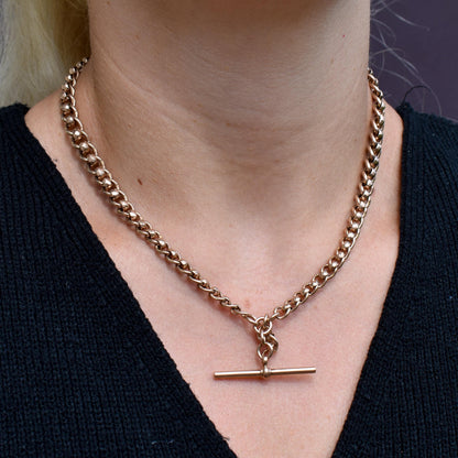 Antique Rollerball 9ct Gold Albert Chain with T-Bar and Double Dog Clips | 16"