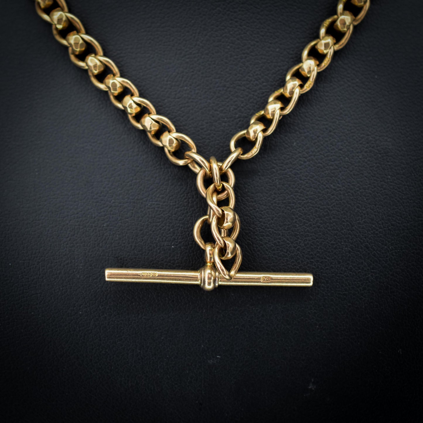 Antique Rollerball 9ct Gold Albert Chain with T-Bar and Double Dog Clips | 16"
