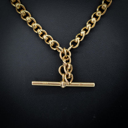 Antique Rollerball 9ct Gold Albert Chain with T-Bar and Double Dog Clips | 16"