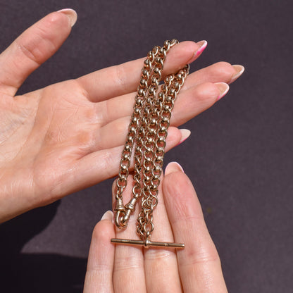 Antique Rollerball 9ct Gold Albert Chain with T-Bar and Double Dog Clips | 16"
