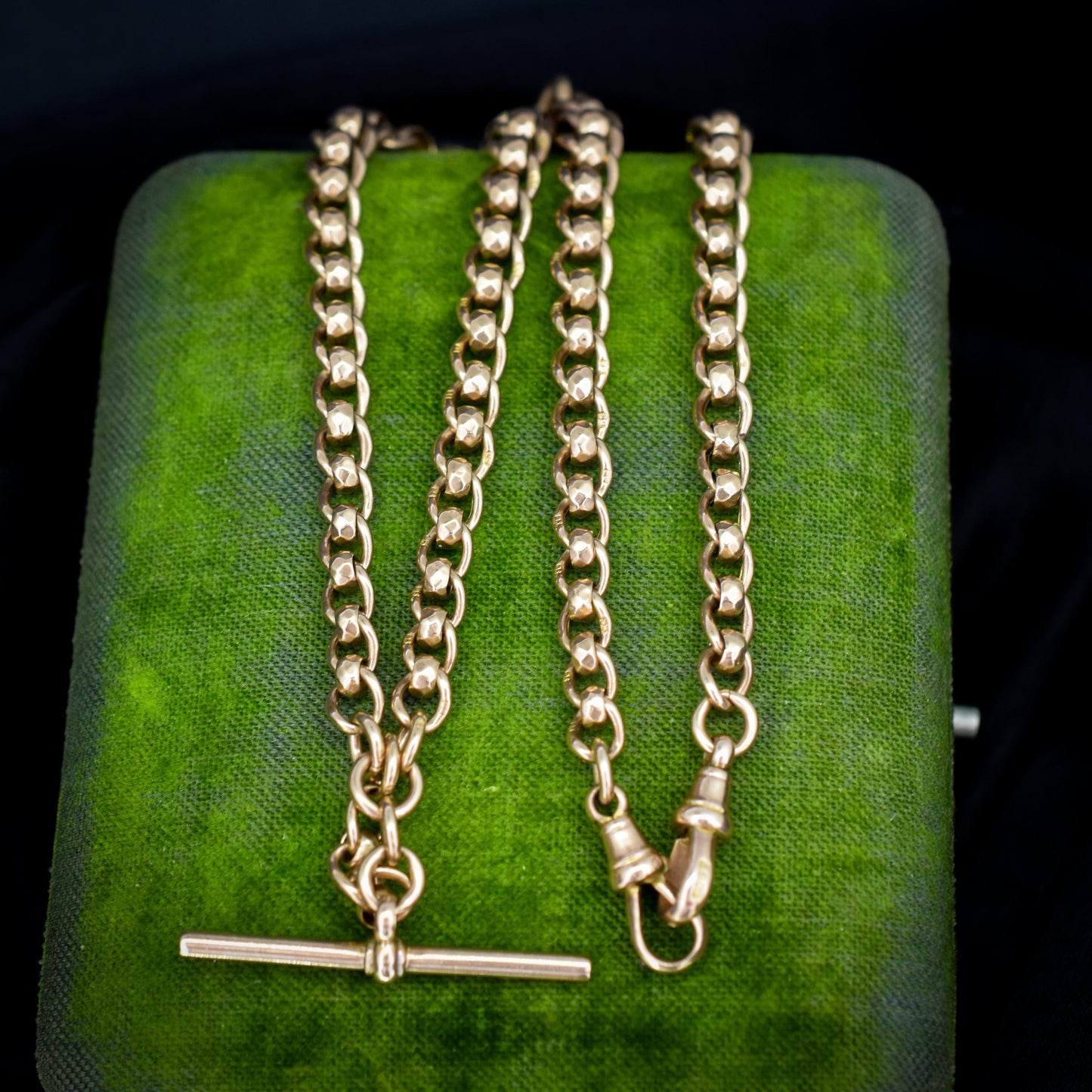 Antique Rollerball 9ct Gold Albert Chain with T-Bar and Double Dog Clips | 16"