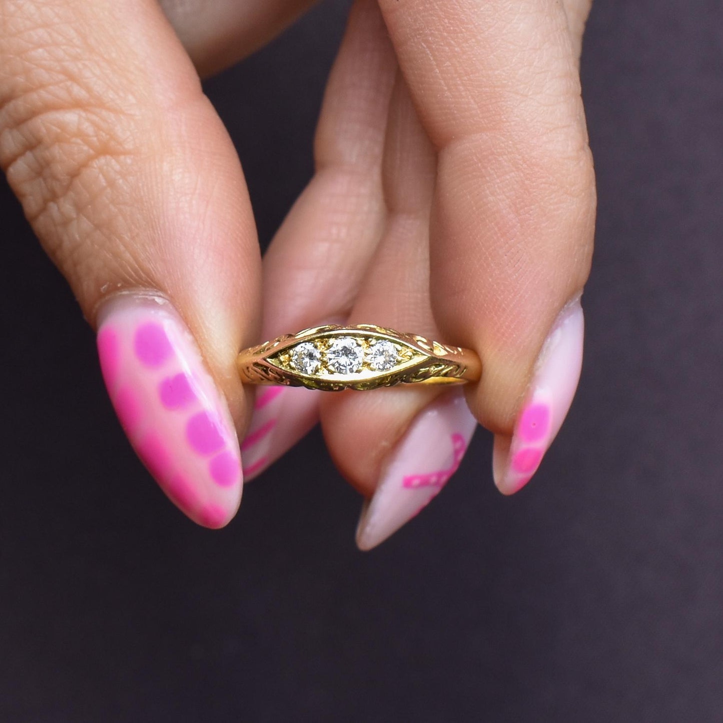 Vintage Diamond Three Stone 18ct Yellow Gold Boat Ring | Dated 1995