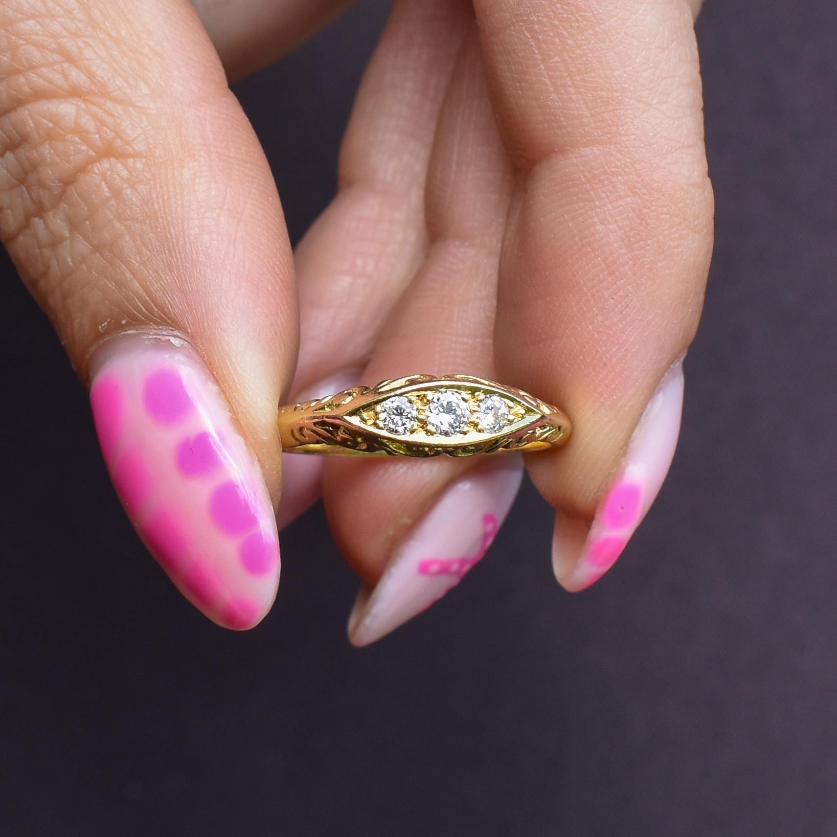 Vintage Diamond Three Stone 18ct Yellow Gold Boat Ring | Dated 1995