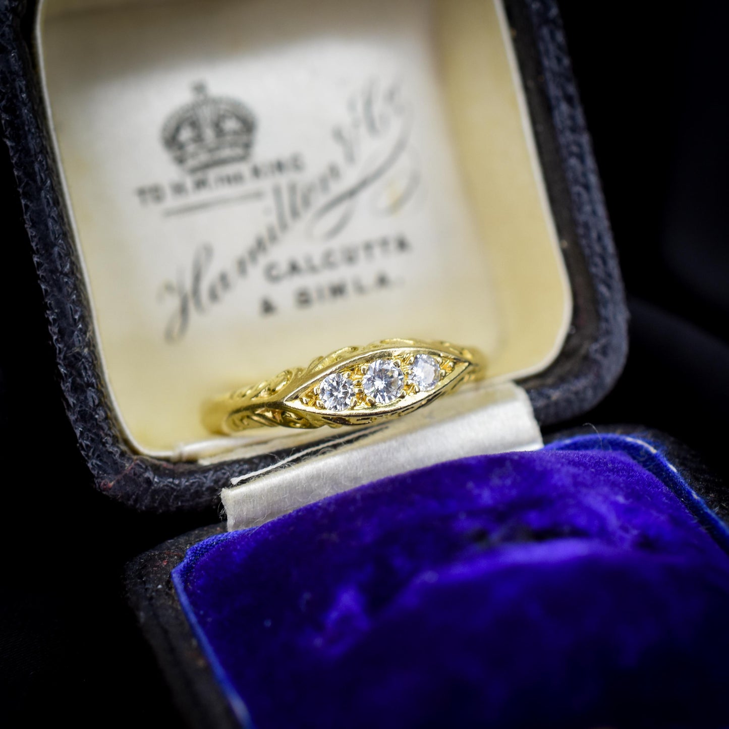 Vintage Diamond Three Stone 18ct Yellow Gold Boat Ring | Dated 1995
