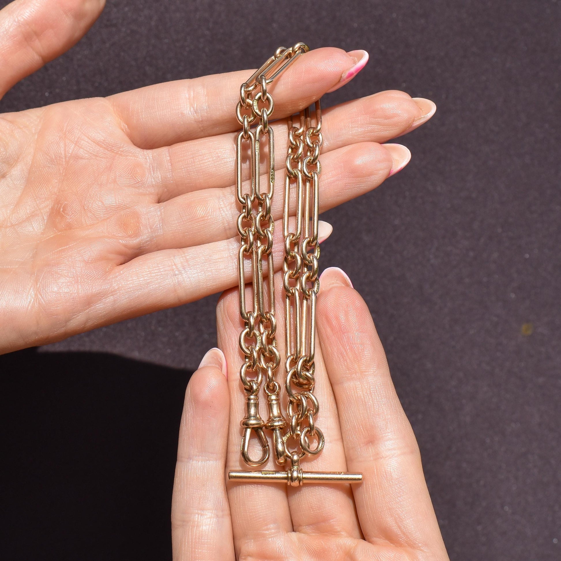 Antique '1902' 9ct Gold Trombone Link Albert Watch Chain Necklace | 16.75"